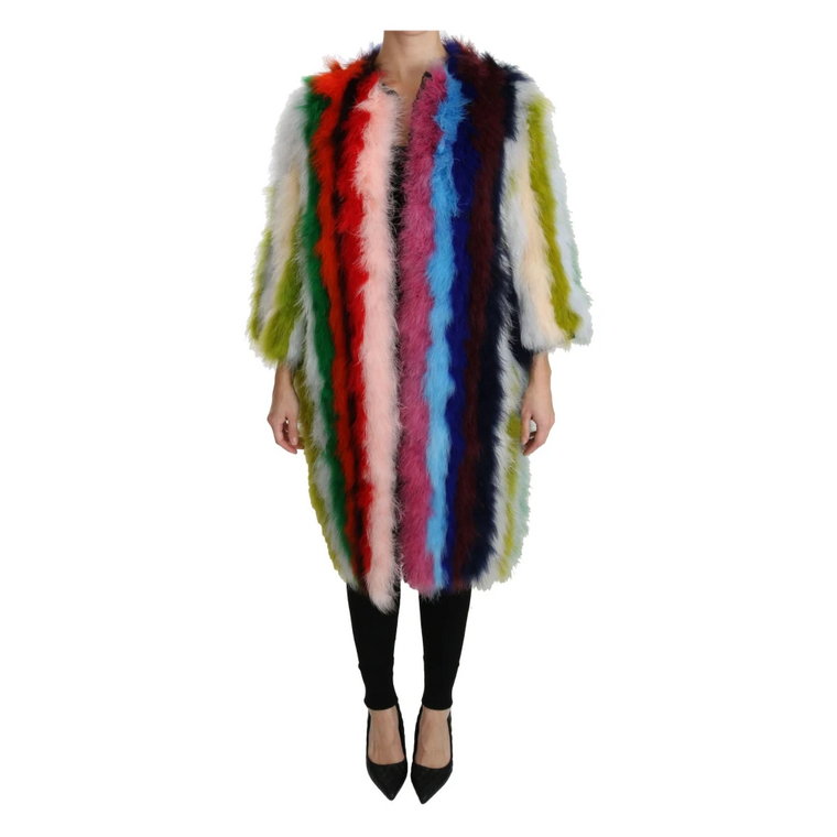 Luksusowy Wielokolorowy Długi Płaszcz z Piórami Dolce & Gabbana
