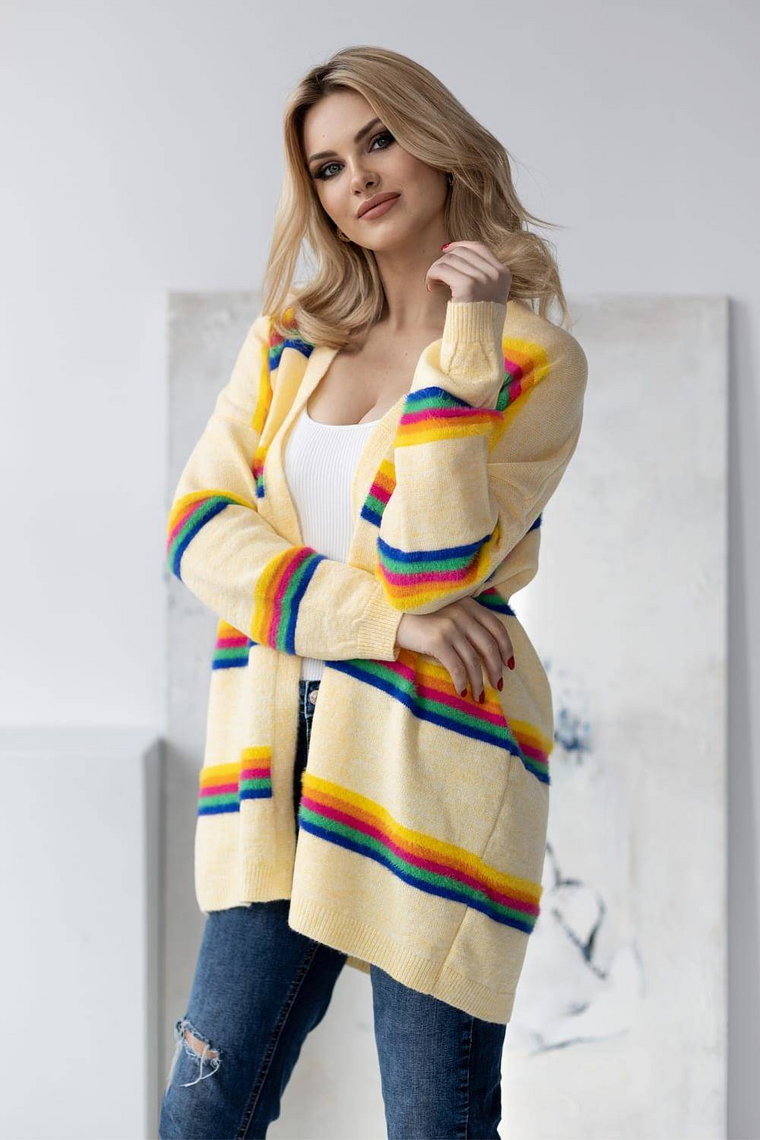 Elegancki sweter kardigan w kolorowe paski żółty