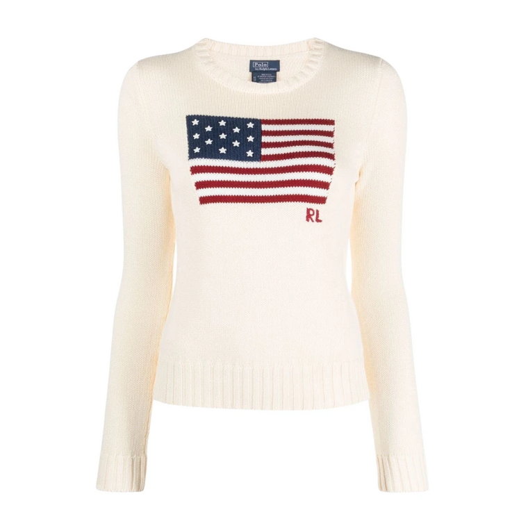 Biała Sweter z Okrągłym Dekoltem i Detalem Amerykańskiej Flagi Polo Ralph Lauren