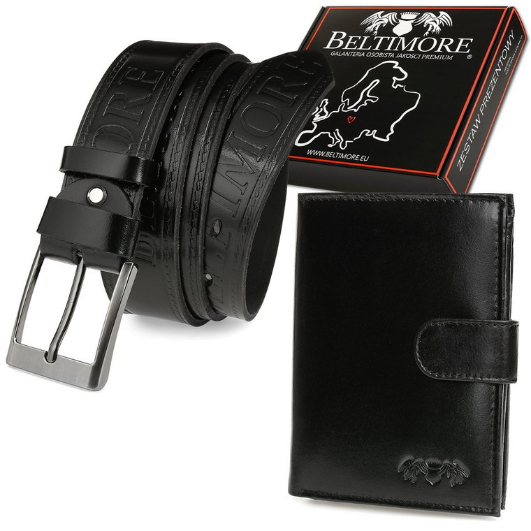 Zestaw męski skórzany premium Beltimore portfel pasek czarny r.90-105 cm