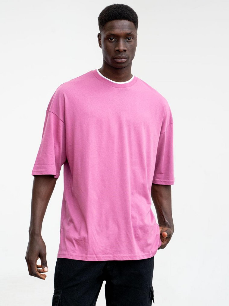 Koszulka Męska Z Krótkim Rękawem Oversize Różowa YEP Double Collar