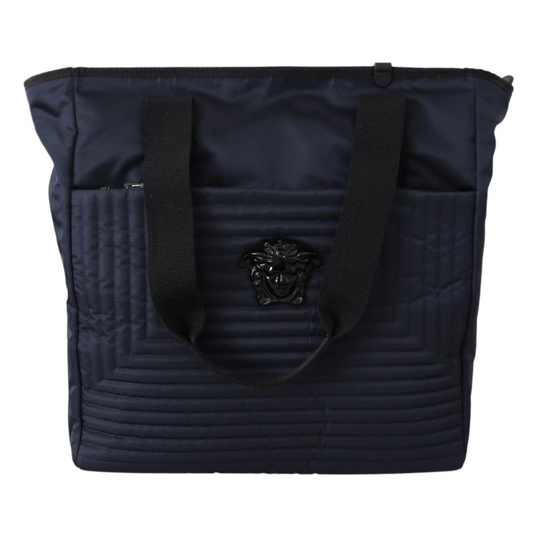 Niebieska torba z nylonu z detalami skórzano-logo Versace
