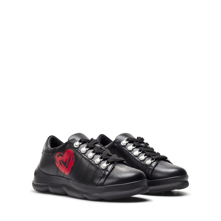 Czarne Skórzane Sneakersy z 4 cm Obcasem Love Moschino