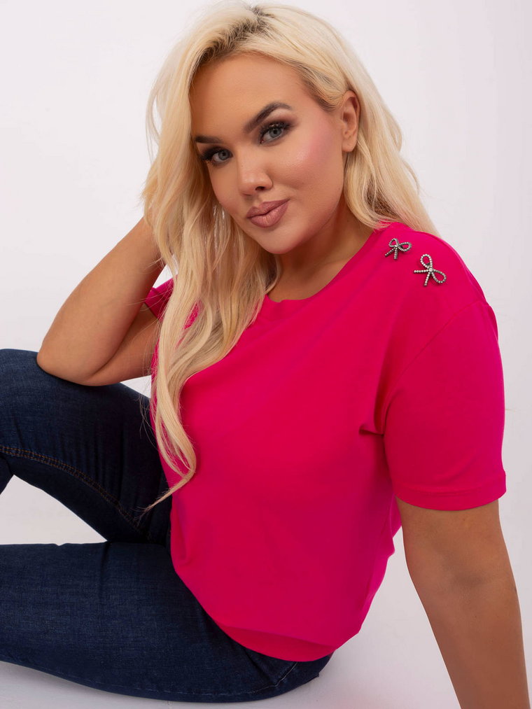 Bluzka plus size fuksjowy casual codzienna dekolt okrągły rękaw krótki