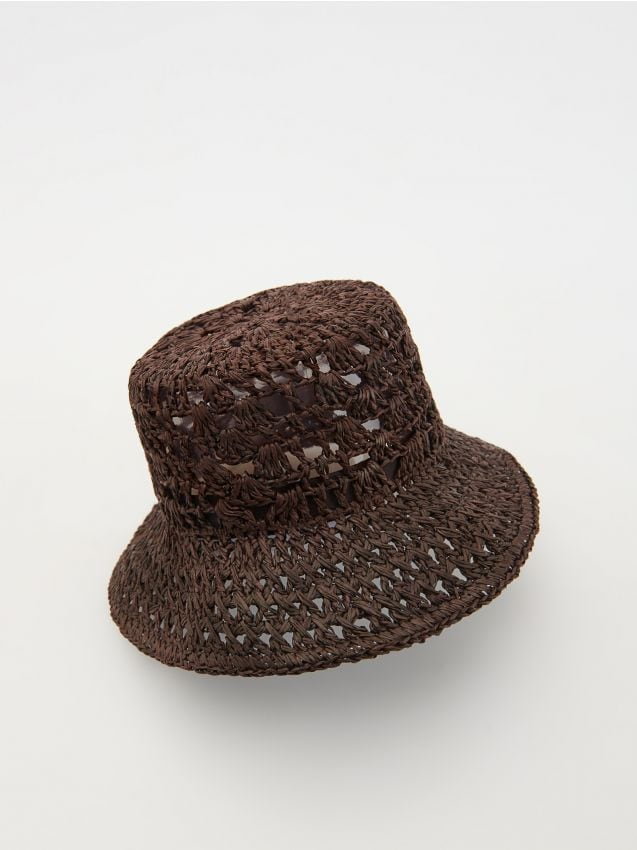 Reserved - Pleciony kapelusz bucket - brązowy