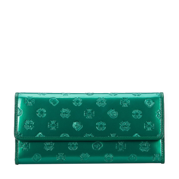 Damski portfel z lakierowanej skóry z monogramem zielony