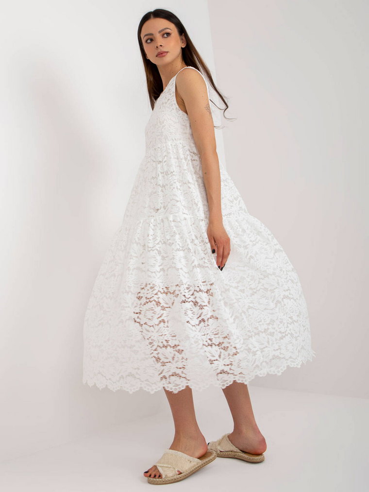 Sukienka z falbaną biały letnia dekolt okrągły rękaw bez rękawów długość midi z podszewką falbana