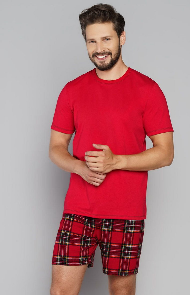 Narwik piżama męska w kratę z krótkim rękawem, Kolor czerwony-kratka, Rozmiar S, Italian Fashion