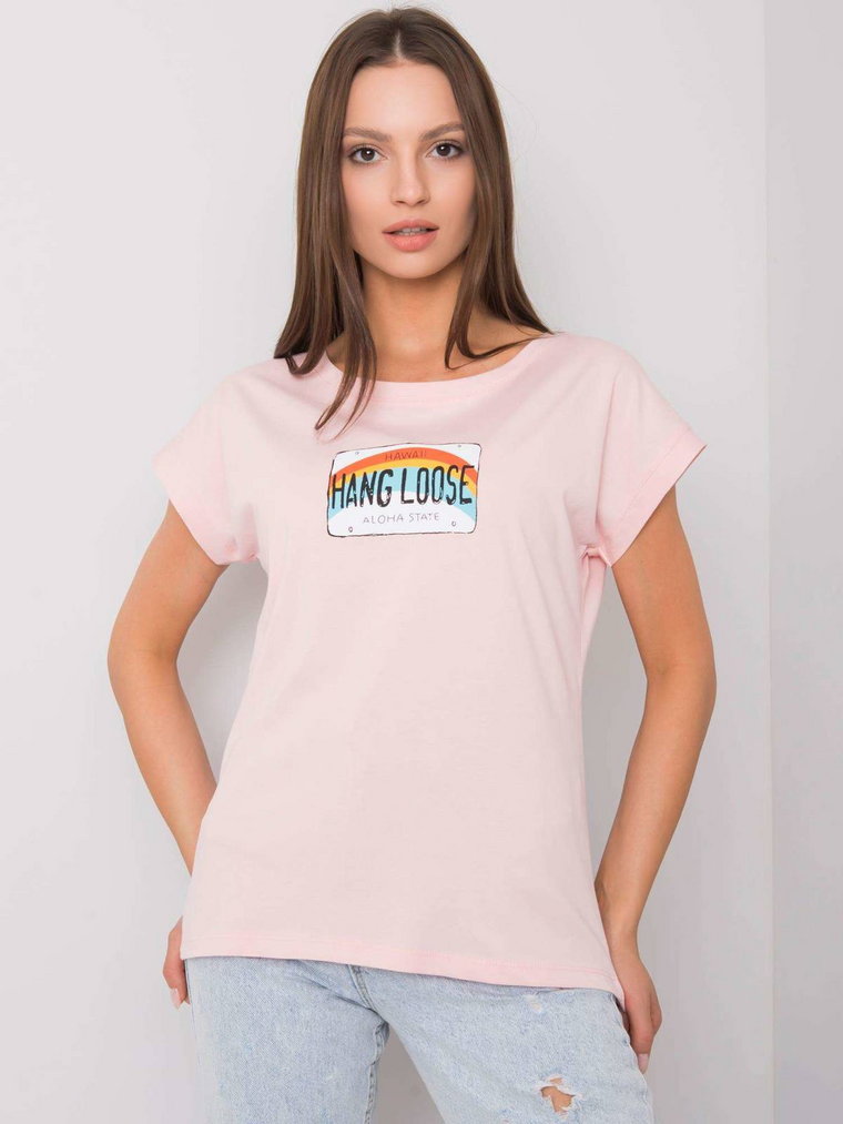 T-shirt z nadrukiem jasny różowy dekolt okrągły rękaw krótki
