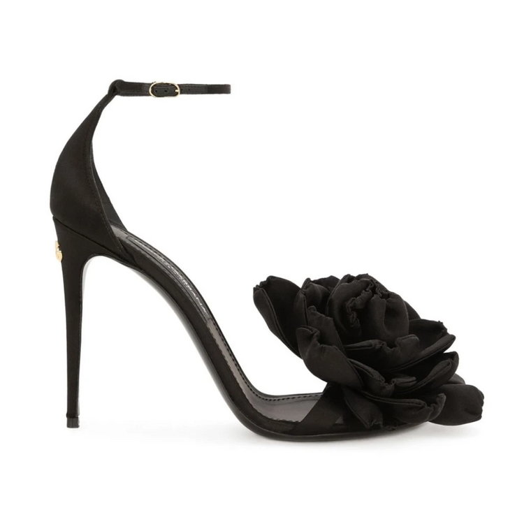 Czarne Satynowe Sandały z Kwiatem Dolce & Gabbana