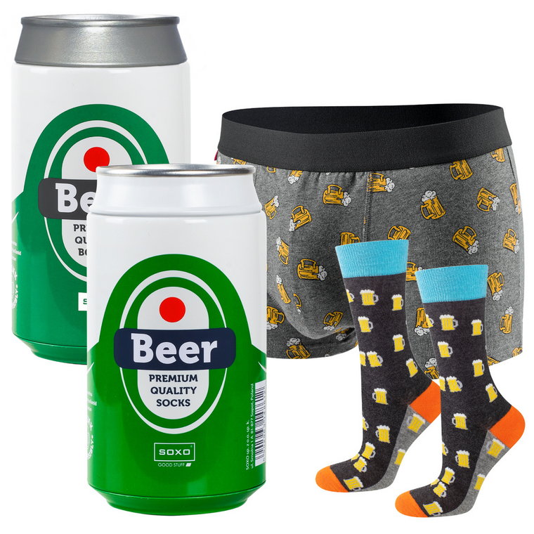 Bokserki męskie piwo w puszce i skarpetki męskie w puszce SOXO | śmieszny prezent dla mężczyzny