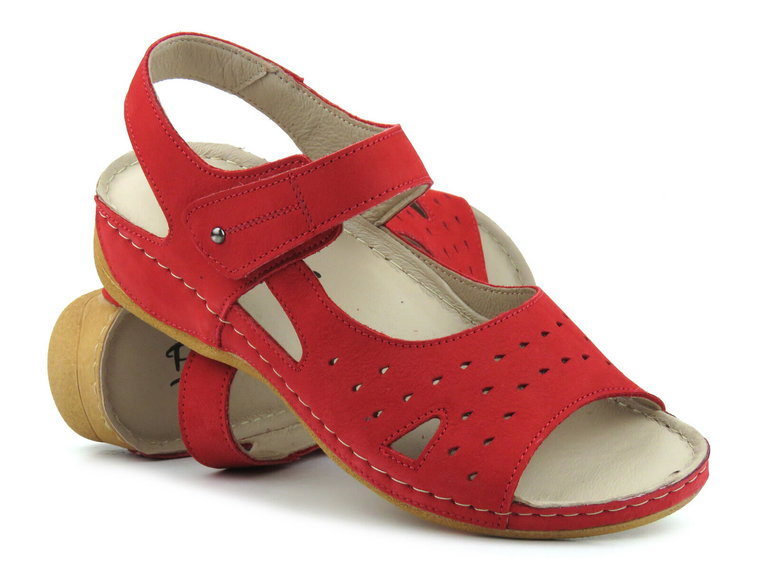 Wygodne sandały damskie skórzane na rzep- Pollonus 1515, czerwone
