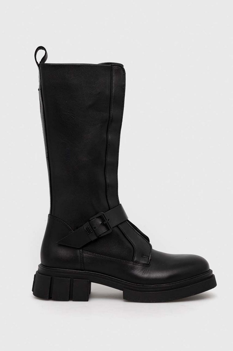 Tommy Hilfiger kozaki skórzane COOL MONOCHROMATIC BIKERBOOT damskie kolor czarny na płaskim obcasie FW0FW07338