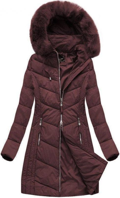 Długa pikowana kurtka damska zimowa burgundowa (7689)