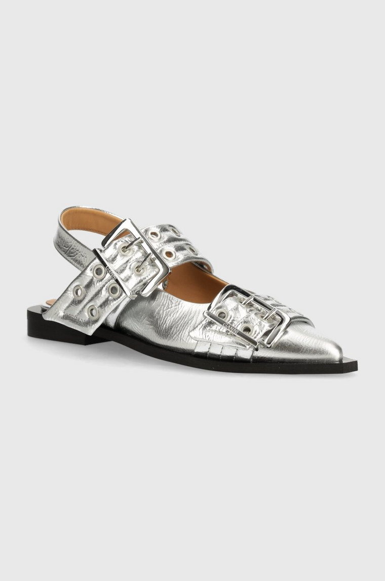 GANNI baleriny Feminine Buckle Ballerina Metallic kolor srebrny z odkrytą piętą S2725