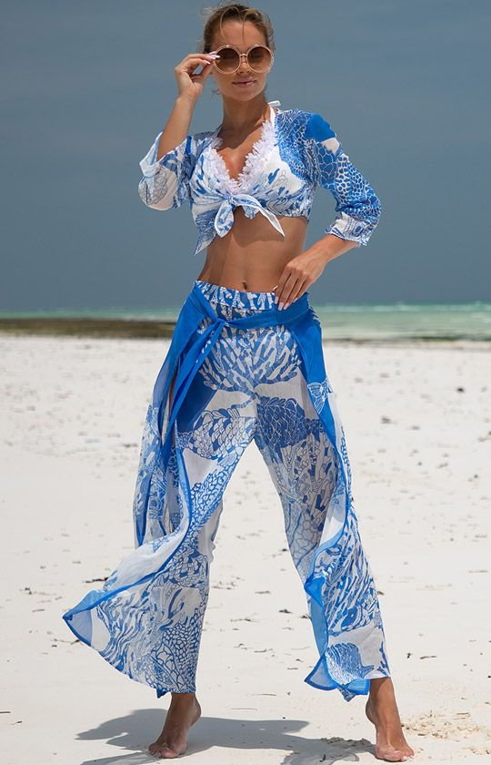 Komplet plażowy z szerokimi spodniami i wiązanym topem 287/02, Kolor niebieski-wzór, Rozmiar XL/2XL, Primo