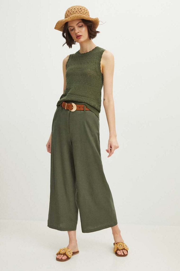 Medicine spodnie lniane damskie kolor zielony fason culottes high waist