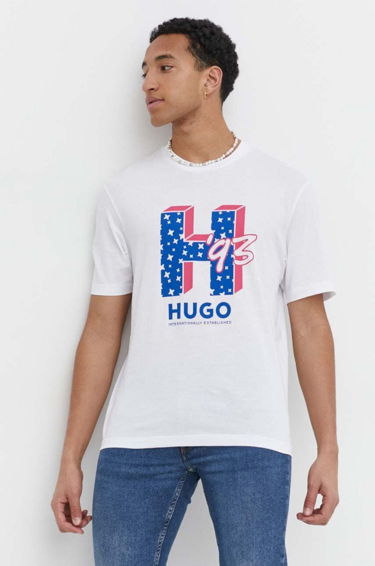 Hugo Blue t-shirt bawełniany męski kolor biały z nadrukiem 50513411