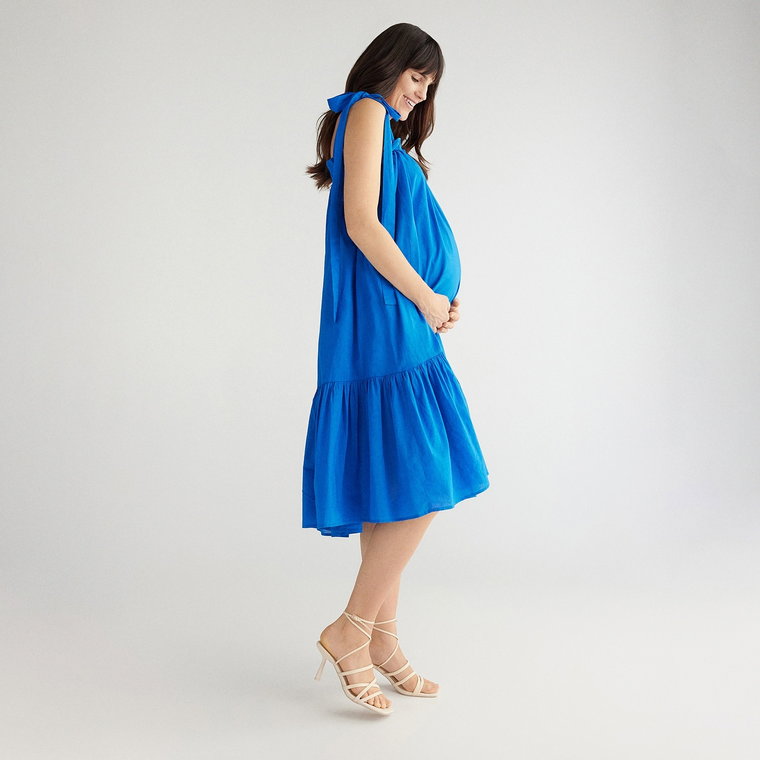 Reserved - Bawełniana sukienka z falbaną - niebieski