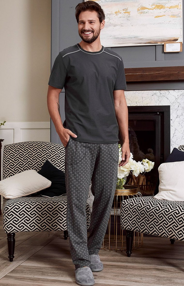 Grafitowa piżama męska na krótki rękaw i długie spodnie Abel, Kolor grafitowy-wzór, Rozmiar M, Italian Fashion