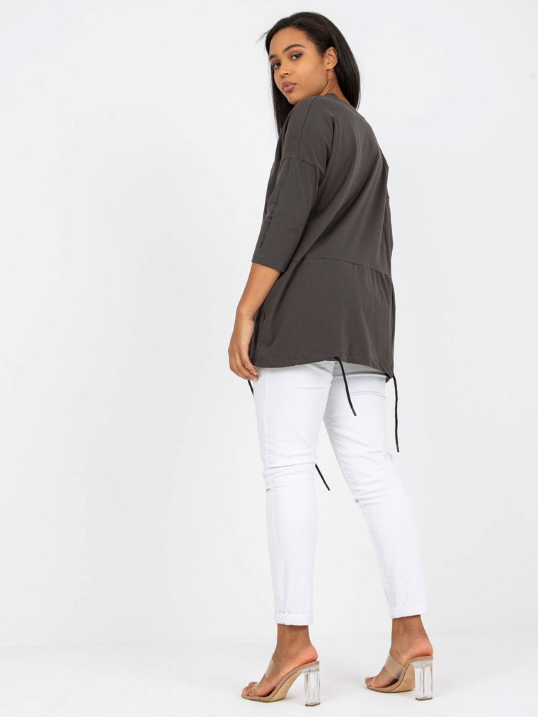 Bluzka plus size ciemny khaki casual codzienna dekolt w kształcie V rękaw 3/4 długość długa dżety