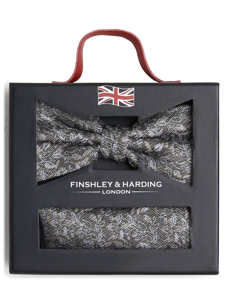 Finshley & Harding London - Muszka i poszetka męska z jedwabiu, beżowy|zielony|srebrny