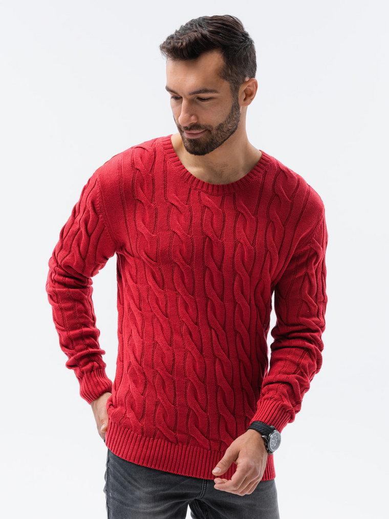 Sweter męski z warkoczowym splotem - czerwony V4 E195