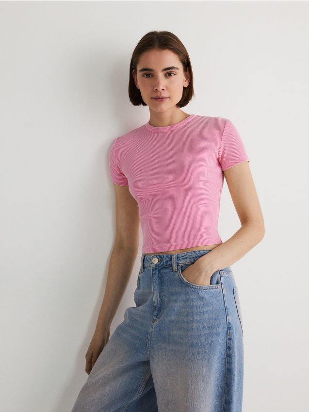 Reserved - Bawełniany t-shirt w prążek - pastelowy róż