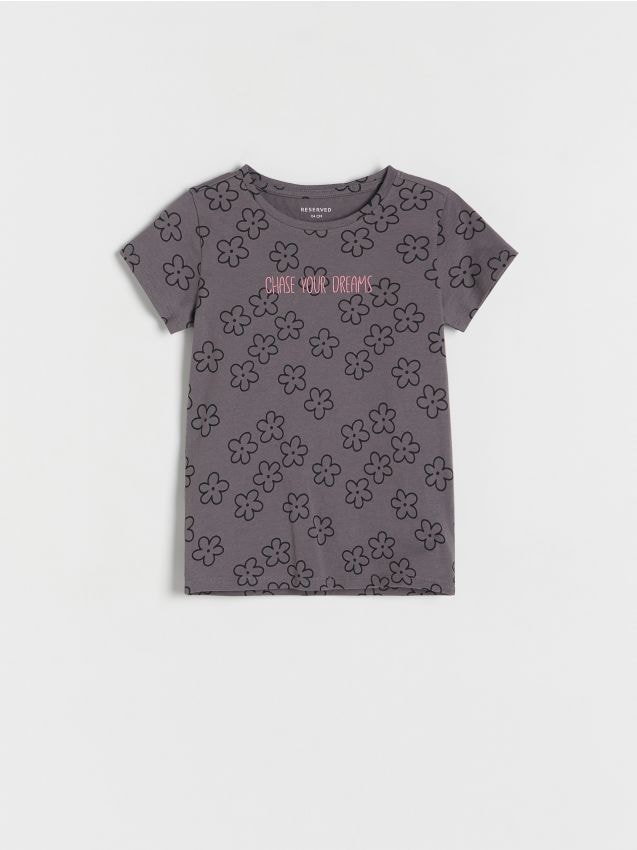Reserved - Bawełniany t-shirt we kwiatki - ciemnoszary