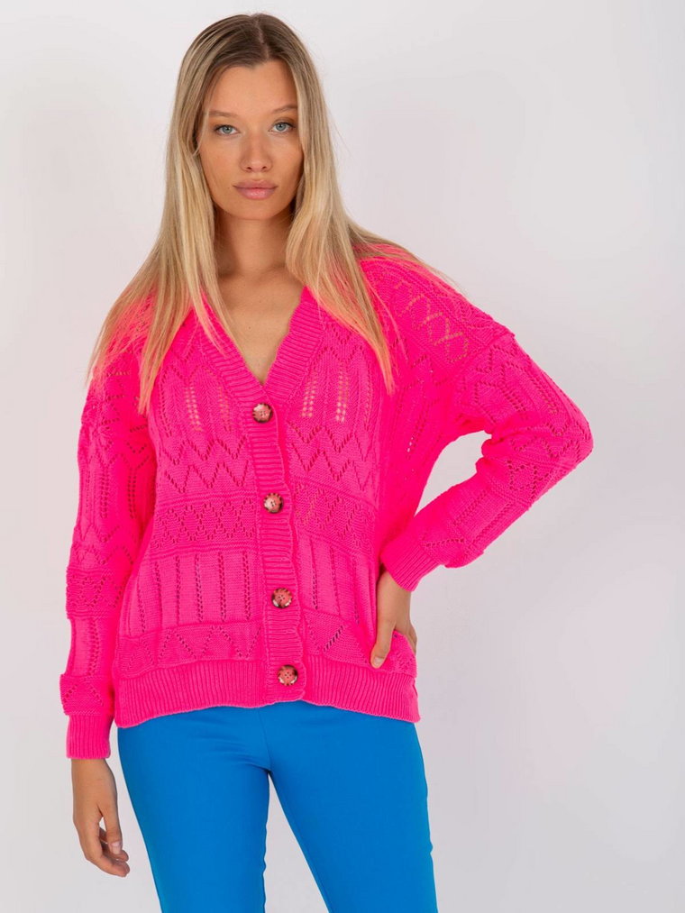 Sweter letni fluo różowy casual ażurowy dekolt w kształcie V rękaw długi guziki