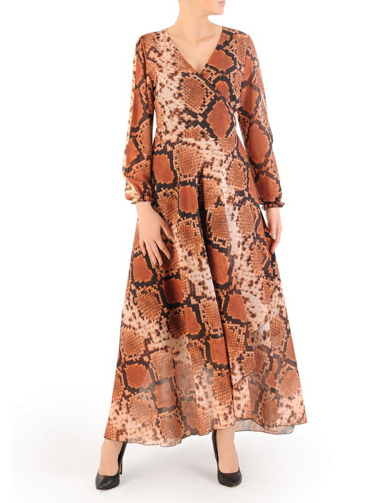Elegancka sukienka maxi, kreacja z ozdobnymi rozcięciami na rękawach 34525