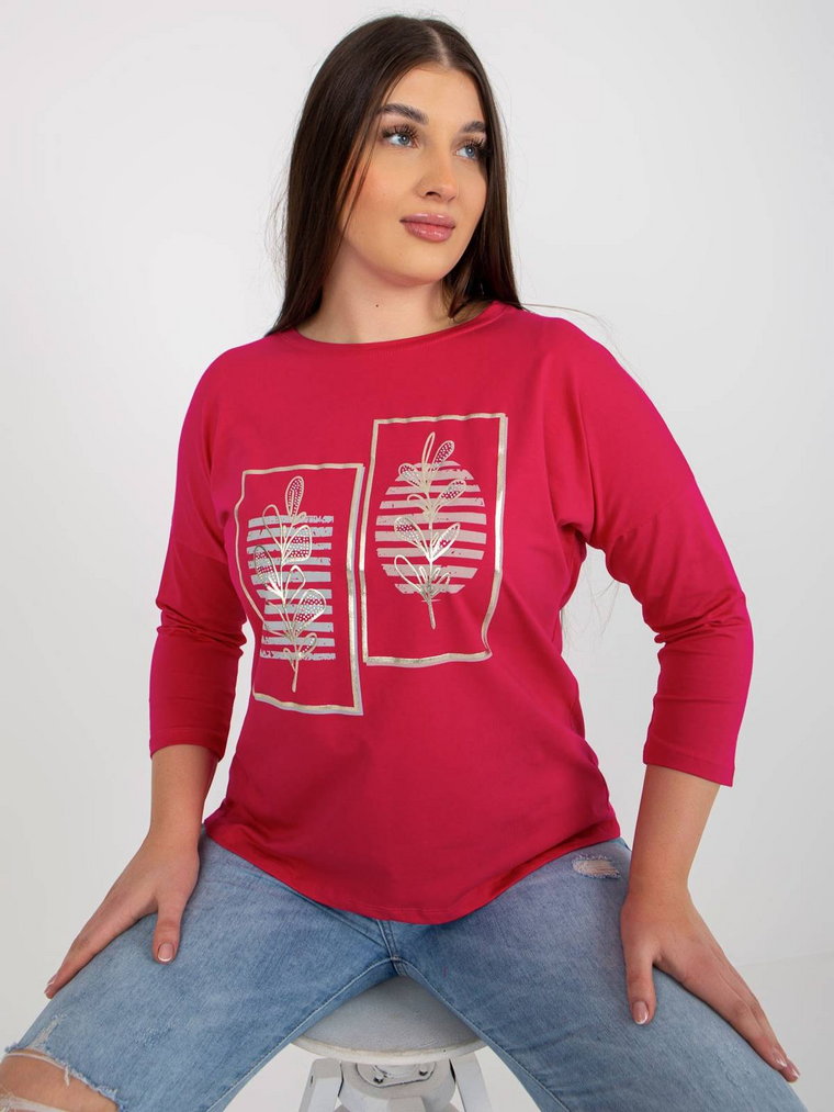 Bluzka plus size fuksjowy casual codzienna dekolt okrągły rękaw 3/4 dżety