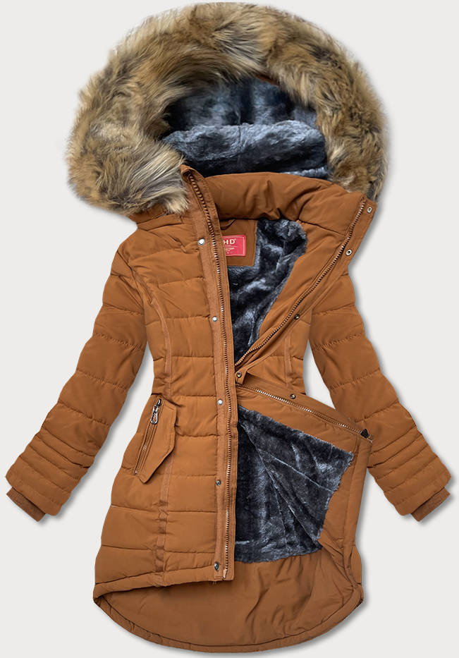 Asymetryczna kurtka zimowa damska karmelowa (m-21301)