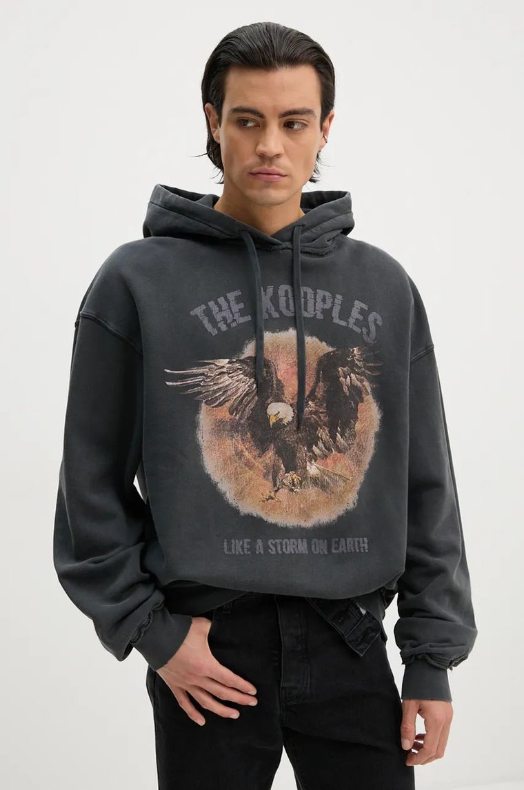 The Kooples bluza bawełniana męska kolor szary z kapturem z nadrukiem HSWE29023K