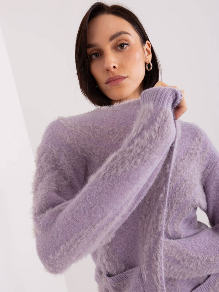 Sweter kardigan jasny fioletowy casual narzutka rękaw długi długość długa kieszenie