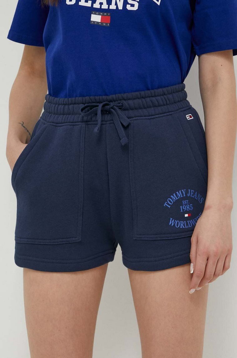 Tommy Jeans szorty bawełniane kolor granatowy z nadrukiem high waist