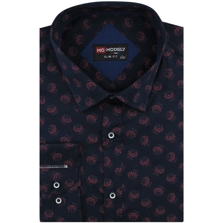 Koszula Męska Elegancka Wizytowa do garnituru granatowa w kwiatki z długim rękawem w kroju SLIM FIT Modely H434