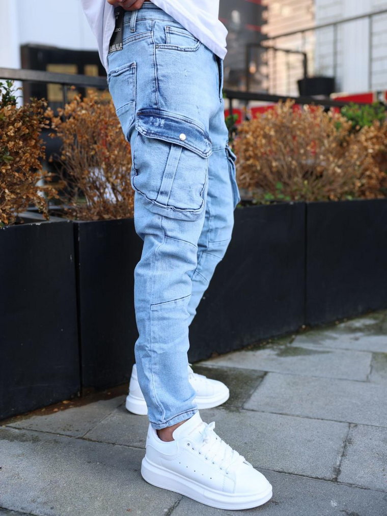 Spodnie Jeansowe Cargo Z Uszkodzeniami Męskie Jasne Niebieskie i8 Denim New Season