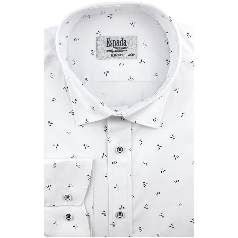 Koszula Męska Elegancka Wizytowa do garnituru biała we wzorki z długim rękawem w kroju SLIM FIT Espada Men's Wear H141