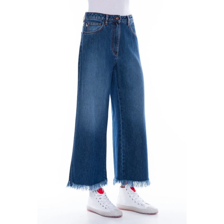 Luźne niebieskie jeansy z podwiniętą nogawką Love Moschino