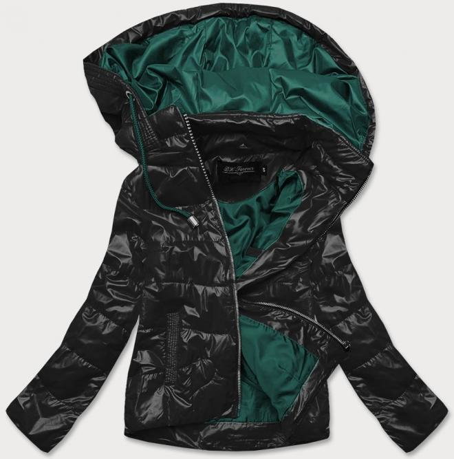 Krótka kurtka damska z kolorowym kapturem czarno/zielona (bh2005)