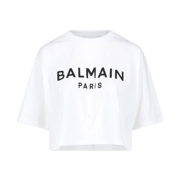 Biała Koszulka z Logo Crop Balmain