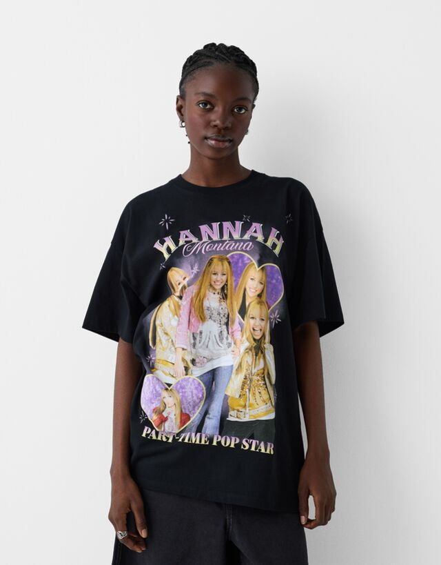 Bershka Koszulka Z Krótkim Rękawem I Nadrukiem Hannah Montana Kobieta L Czarny