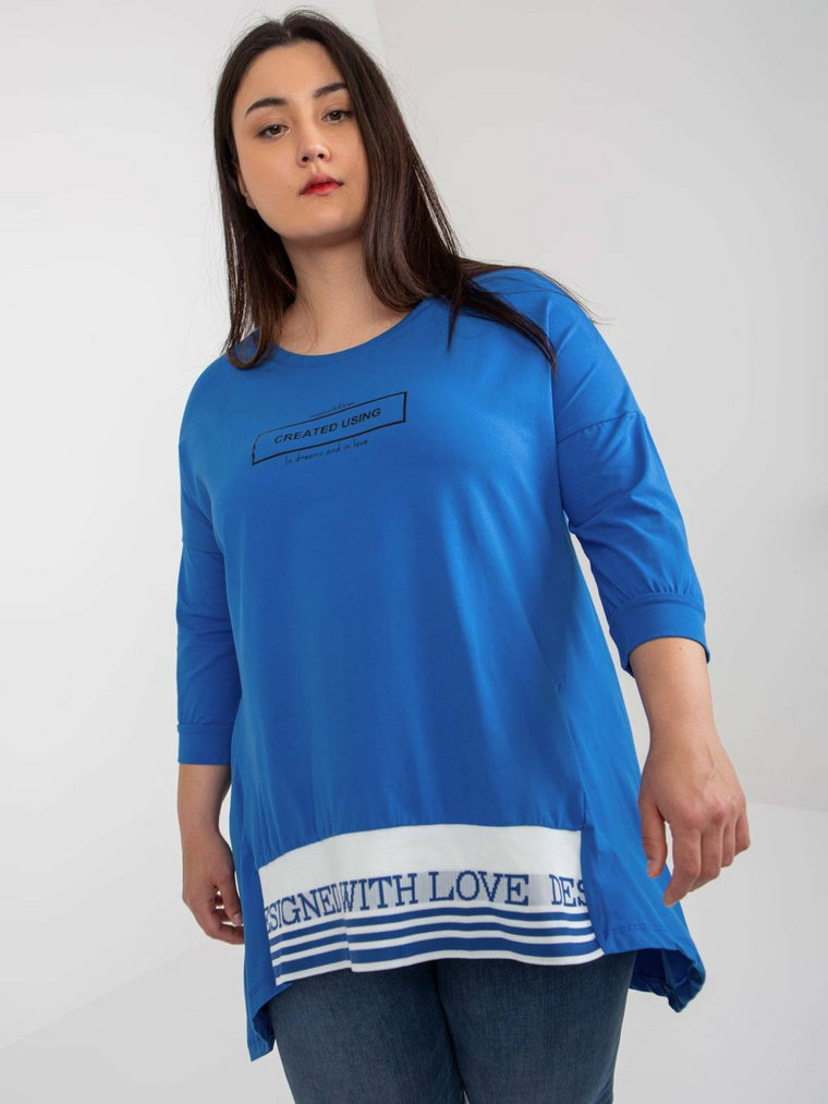 Tunika plus size ciemny niebieski sukienka dresowa codzienna dekolt okrągły rękaw 3/4 długość przed kolano