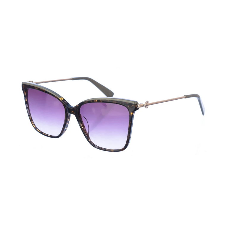 Owalne metalowe okulary przeciwsłoneczne z ciemną oprawką Havana i ciemnymi soczewkami fioletowymi Longchamp
