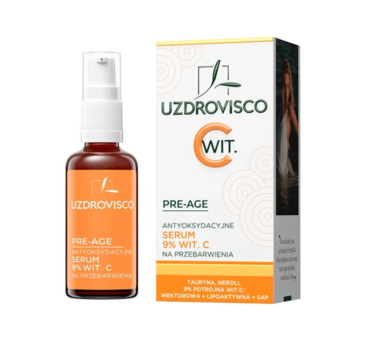 UZDROVISCO PRE-AGE ANTYOKSYDACYJNE SERUM DO TWARZY Z 9% WITAMINĄ C NA PRZEBARWIENIA 30ML