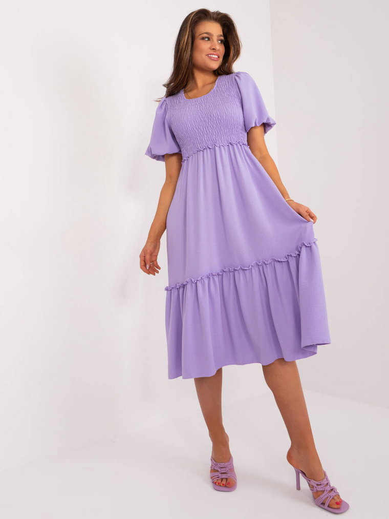 Sukienka z falbaną jasny fioletowy codzienna letnia dekolt okrągły rękaw krótki długość midi marszczenia bufiasty rękaw falbana