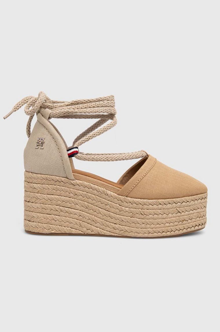 Tommy Hilfiger espadryle CLOSED TOE LINEN FLATFORM damskie kolor beżowy na koturnie FW0FW07746