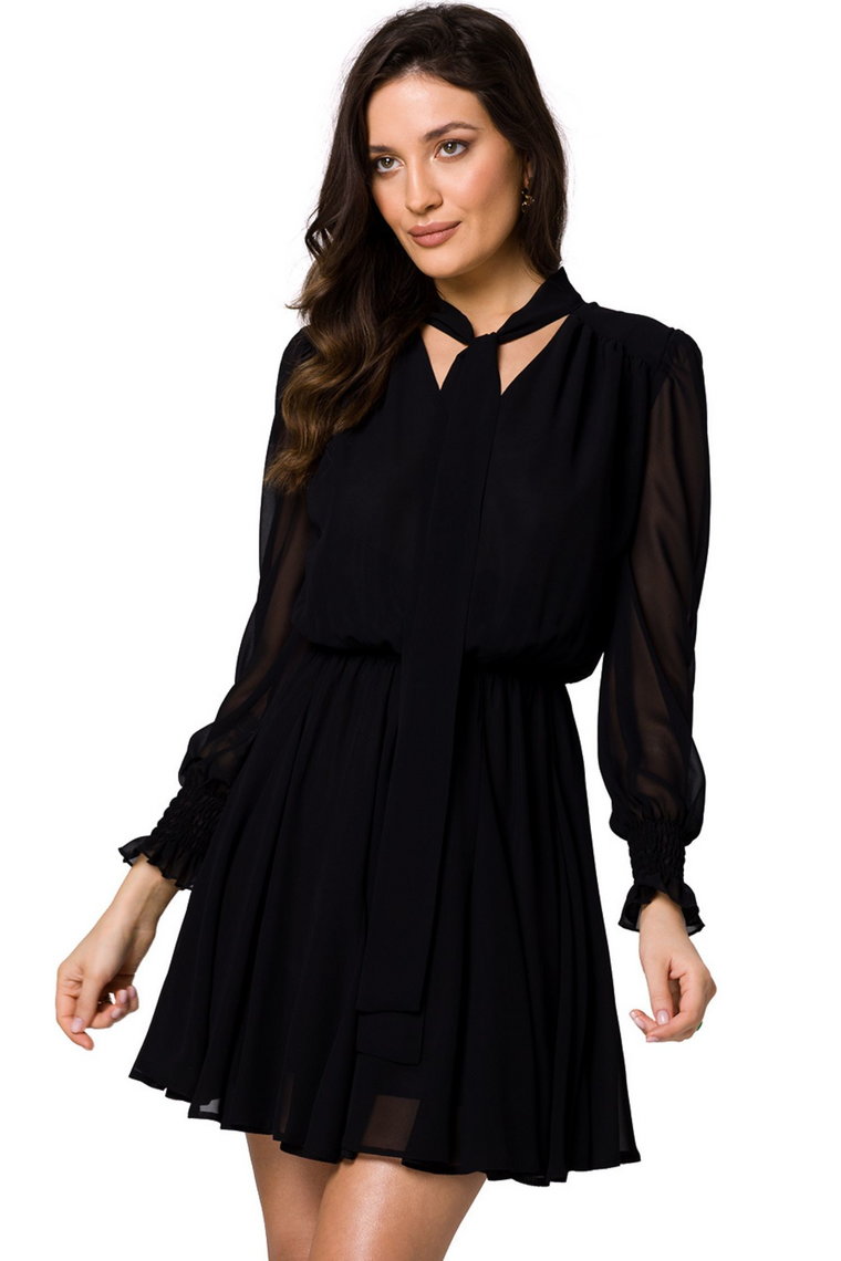 Szyfonowa sukienka koktajlowa z bufiastymi rękawami czarna