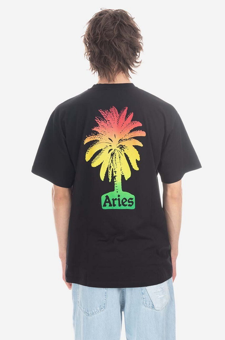 Aries t-shirt bawełniany kolor czarny z nadrukiem Aries Palm SS Tee AR60004 BLACK AR60004-BLACK